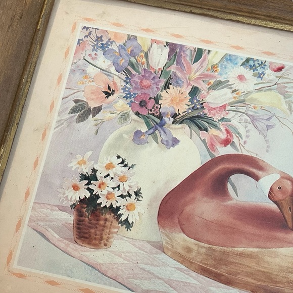 1988 art print goose flower arrangement floral painting wooden frame - Picture 3 of 12